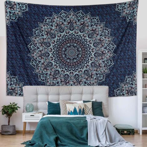 Tapisserie Mandala aus Baumwolle – Couvre-lit Bohème (Bleu, 100 x 150 cm).