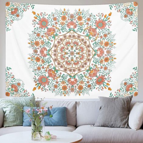 Tapisserie murale à motif floral médaillon, tapisserie à fleurs esquissées, tapisserie mandala hippie