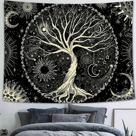 Tapisserie Murale Arbre Tissu Murale Nature Decoration Chambre Tenture Murale Boheme Toile Murale Mandala Psychédélique Tapisserie Japonaise pour Salon Dortoir (Or, 130x150cm)