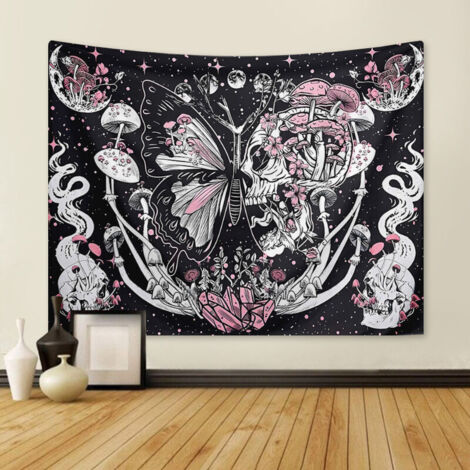 Tapisserie murale Champignon et Papillon, 130 x 150 cm, Décoration Nature, Couvre-lit, Jeté pour Maison, Salon, Chambre, Dortoir.