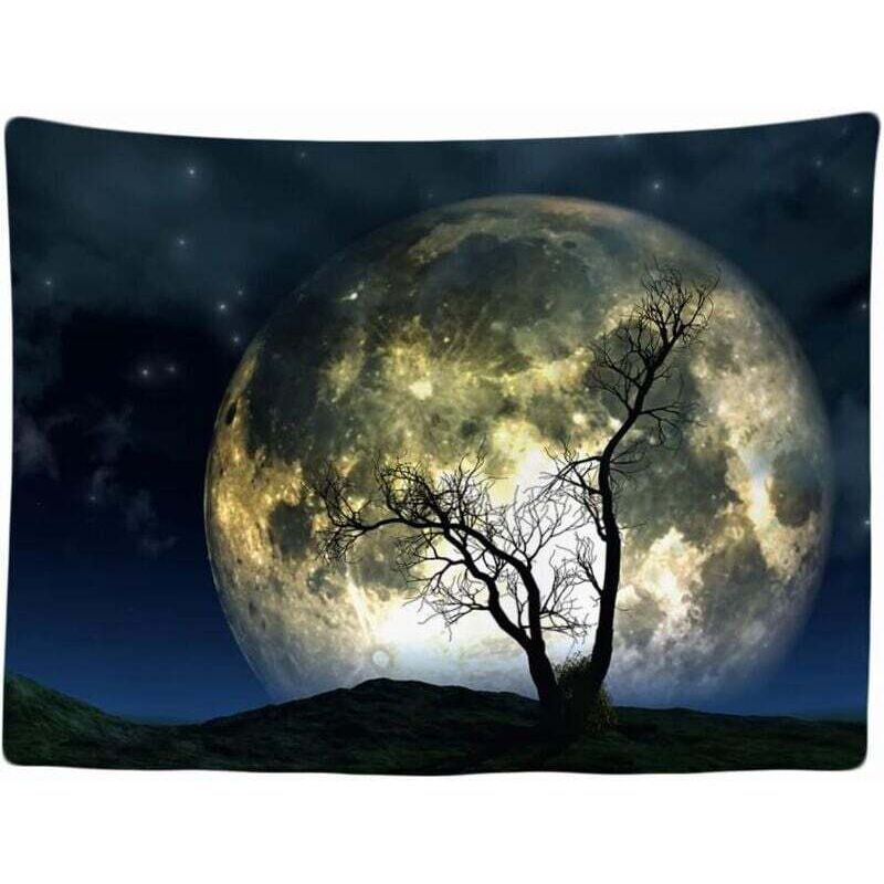 Tapisserie Murale Décorative Chambre - Arbre Nature Pleine Lune Nuit - 200 x 150 cm Grand – Papier Peint Tissu – Tapestry Aesthetic Wall - Décoration