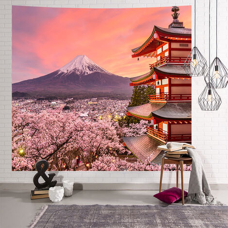Tapisserie Murale Japonaise Tapisserie de Montagne de Fuji Asiatique Décoration Murale Pagode du Japon avec Fleur de Cerisier Art Nature pour Salon Chambre Dortoir Mur (59.1 x 51.2 Pouces)