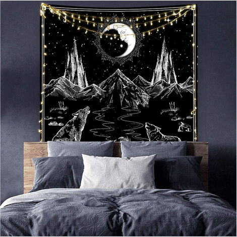 Tapisserie Murale Lune & Loup Tissu Murale Nature Decoration Chambre Tenture Murale Boheme Toile Murale Mandala Psychédélique Tapisserie Japonaise pour Salon Dortoir (Noir et Blanc, 130x150cm)