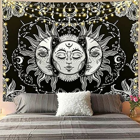 Tapisserie Murale Lune & Soleil Tissu Murale Nature Decoration Chambre Tenture Murale Boheme Toile Murale Mandala Psychédélique Tapisserie Japonaise pour Salon Dortoir (Noir et Blanc, 130x150cm)