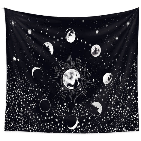 Tapisserie Murale Lune Tissu Murale Nature Decoration Chambre Tenture Murale Boheme Toile Murale Mandala Psychédélique Tapisserie Japonaise (Noir et Blanc, 130x150cm)