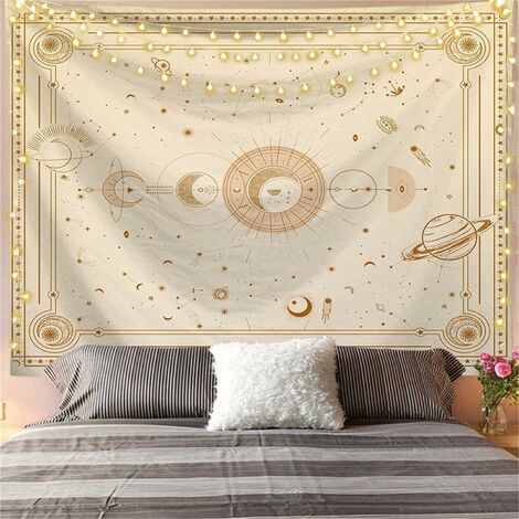 Tapisserie Murale Lune Tissu Murale Nature Decoration Chambre Tenture Murale Boheme Toile Murale Mandala Psychédélique Tapisserie Japonaise pour Salon Dortoir (Blanc, 150x200cm)