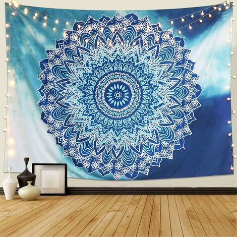 Tapisserie Murale Mandala Hippie Indienne Bohème Tapisserie Bleu Fleur Psychédéliqu Tapisserie Tenture Murale Tapis Mural Tapestry (M / 148x130cm)