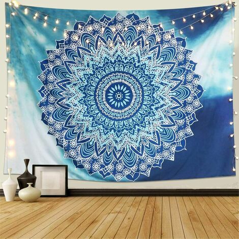 Tapisserie Murale Mandala Hippie Indienne Bohème Tapisserie Bleu Fleur Psychédéliqu Tapisserie Tenture Murale Tapis Mural Tapestry(L / 148x200cm)