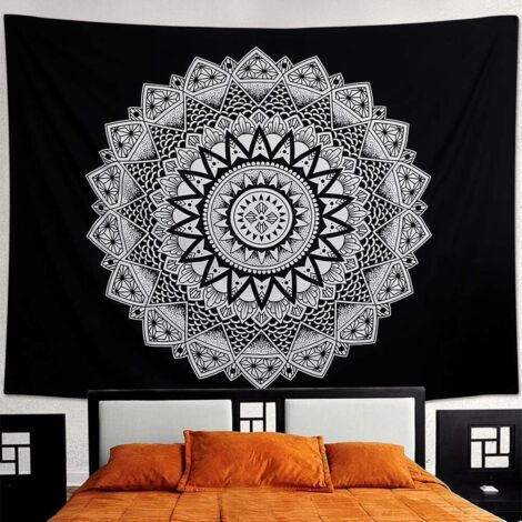 Tapisserie Murale Mandala Hippie Indienne Bohème Tapisserie Noir et Blanc Psychédéliqu Tenture Murale Tapis Mural Serviette de Plage (148x200cm)