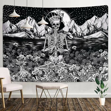 Tapisserie Murale Motif tête de Mort-Tenture Squelette de Lune Murale Noir et Blanc avec Couronne de Rose-Tapisserie murales pour Décoration d' de Chambre Salon