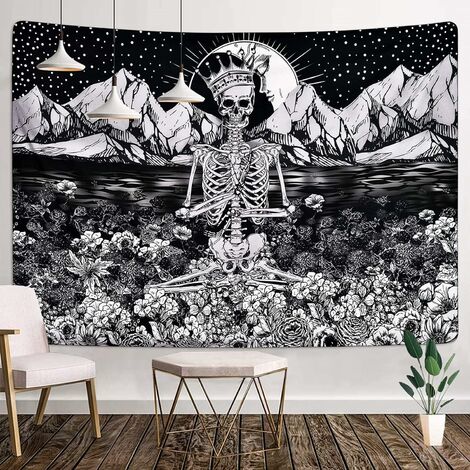 Tapisserie Murale Motif tête de Mort-Tenture Squelette de Lune Murale Noir et Blanc avec Couronne de Rose-Tapisserie murales pour Décoration d'halloween de Chambre Salon