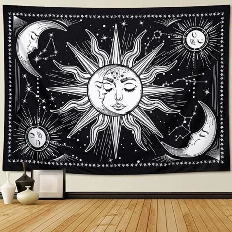 Tapisserie murale - Mystique - Soleil et Lune - 200x150 cm - Noir et Blanc - Polyester