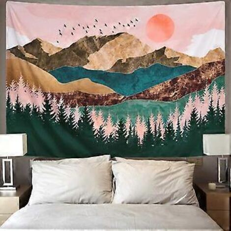 Tapisserie murale représentant une montagne, une forêt et un coucher de soleil, avec un paysage naturel, pour chambre à coucher (150 x 198 cm)