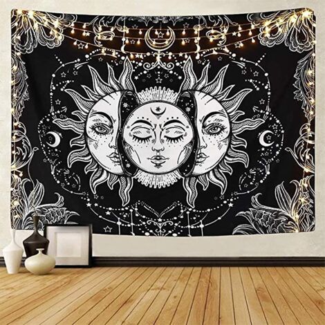 Tapisserie murale Tarot Soleil et Lune Psychédélique Noire Céleste, Mandala Indien, Plaid de Plage Bohème Hippie (XL/180cm x 230cm)