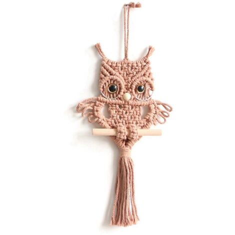 Tapisserie murale tissée en macramé hibou, pendentif rouge brique--
