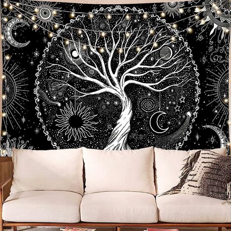 Tapisserie noire et blanche motif arbre de vie étoilé - Tapisserie murale esthétique à suspendre - Décoration d'intérieur pour chambre à coucher, salon, dortoir (arbre de vie, M/130 x 150 cm)