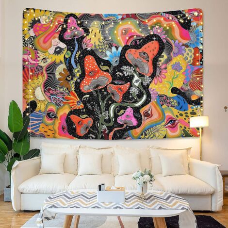 Tapisserie psychédélique à motifs de champignons et de fleurs - Décoration murale colorée et trippante (200x150cm)
