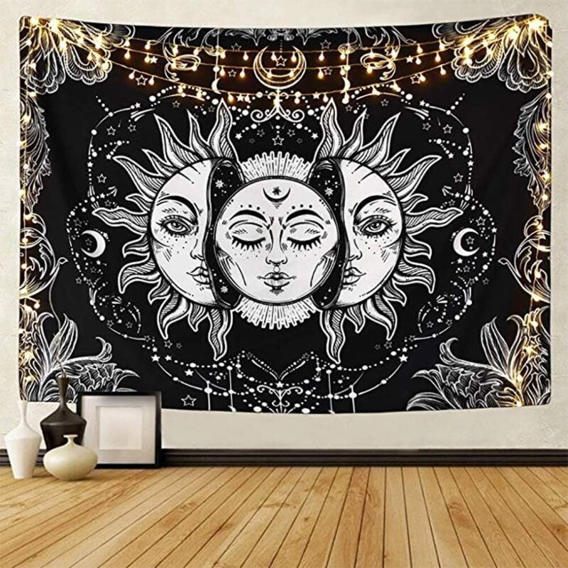 Tapisserie Tarot Soleil et Lune, Design Psychédélique Bohème, Idéale pour Intérieur Hippie, Mandala Indien (150x200cm)
