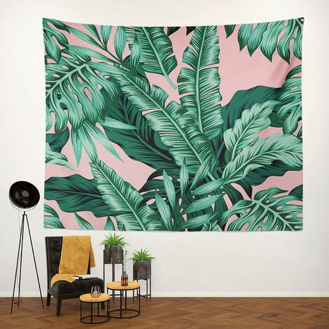 Tapisserie Tenture Murale Tropical Vert Feuilles Rose Feuille Exotique Tropique Banane Palm Floral Fleur Tapisserie Murale pour Chambre Salon Nappe Dortoir 80WX60L Pouces