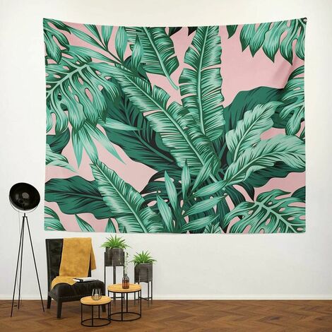 Tapisserie Tenture Murale Tropical Vert Feuilles Rose Feuille Exotique Tropique Banane Palm Floral Fleur Tapisserie Murale pour Chambre Salon Nappe Dortoir 80WX60L Pouces