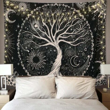 Tapiz de árbol de la vida, luna y sol KZQ, tapiz psicodélico negro para colgar en la pared, tapiz de mandala de estrella, decoración de pared hippie para dormitorio, fiesta (130 x