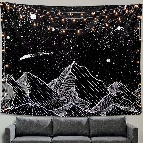 Tapiz de montaña con luna y estrellas para colgar en la pared, tapiz de arte en blanco y negro, decoración del hogar (60 x 80 pulgadas)