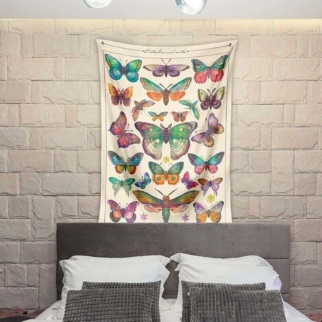 Tapiz de pared bohemio con diseño de mariposas, 130 x 150 cm, ideal para decoración de la naturaleza, colcha, decoración del hogar, sala de estar, dormitorio (A)