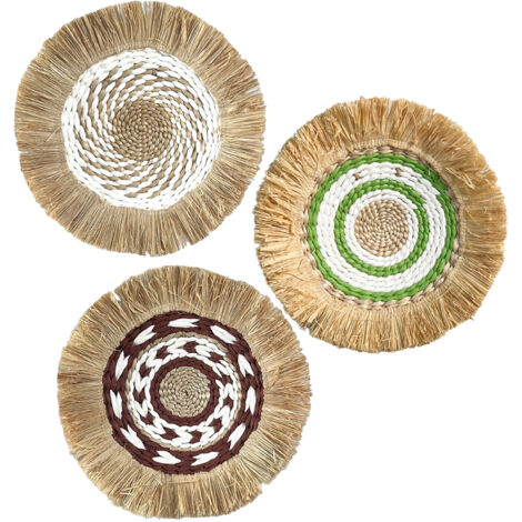 Tapiz de pared estilo bohemio: 3 decoraciones de fibras naturales con flecos, 20 cm de diámetro (modelos C3, C7 y C8): conjunto de 3 piezas para un ambiente ecológico.