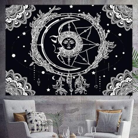 Tapiz de pared psicodélico Sol y Luna, tapiz de pared mandala, alfombra de pared estética tarot psicodélica, decoración de tela para dormitorio y sala de estar, 200x150 cm (Negro)
