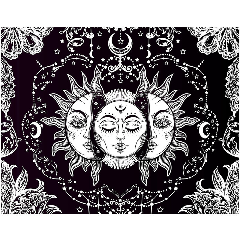 

Tapiz de sol y luna, colgante de pared en blanco y negro, tela decorativa bohemia mistica,para la sala de estar del dormitorio,Blanco y negro, 70,9 x