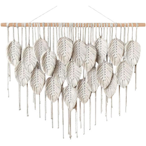 Tapiz decorativo de pared hecho de cuerda de algodón con un colorido estampado de hojas de estilo nórdico para sala de estar/dormitorio, blanco puro [Tapiz decorativo de pared] [Estampado de hojas col
