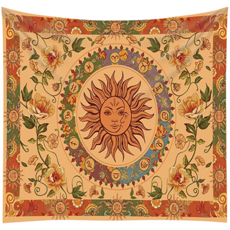 Tapiz decorativo de pared – Tela de poliéster estampada en alta resolución – Diseño espiritual y geométrico con un sol naranja, motivos florales y constelaciones – Varios tamaños (de 95 x 73 cm a 150 