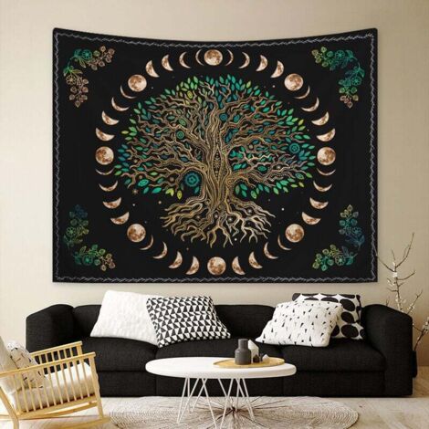 Tapiz del Árbol de la Vida (130 x 150 cm), decoración natural, colcha, cubrecama para el hogar, sala de estar, dormitorio, decoración (D)