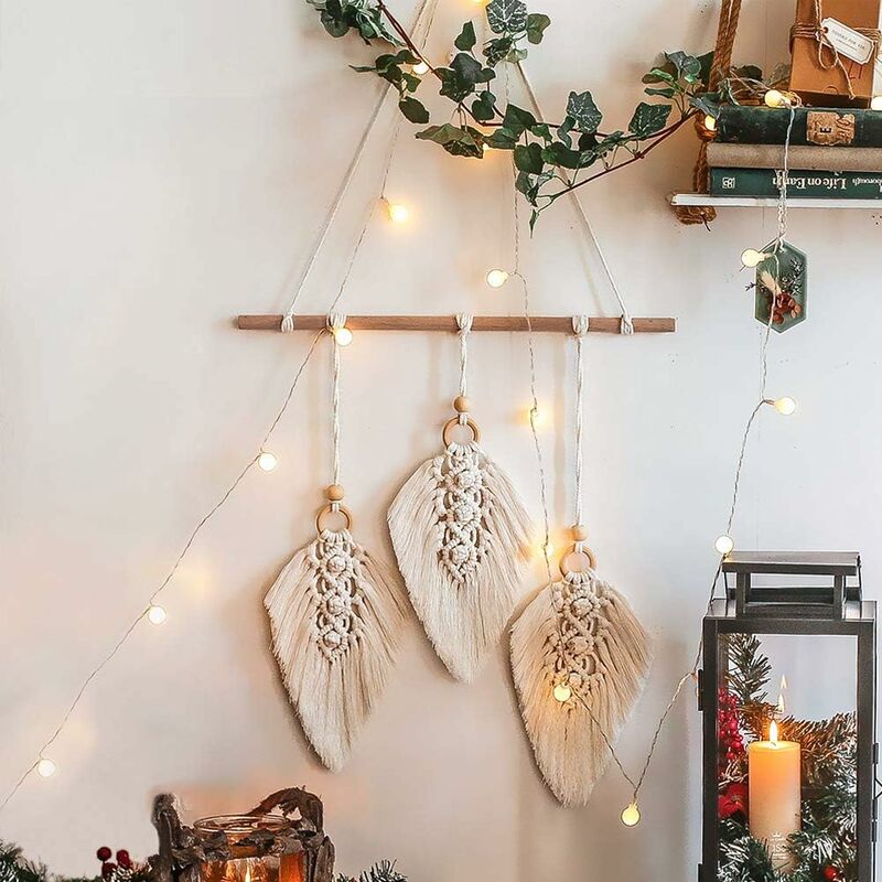 

Tapiz tejido colgante de pared tejido de macramé, adornos de algodón de plumas hechos a mano con hojas bohemias, decoración para apartamentos, sala
