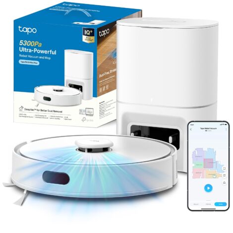 Tapo RV30 Max Plus White Robot Aspirapolvere Lavapavimenti con Mappatura 5300Pa, Svuotamento Automatico Polvere 3L, Doppia Navigazione LiDAR+IMU, Zone No-Go e Muri Virtuali, Controllo APP&Alexa&Google