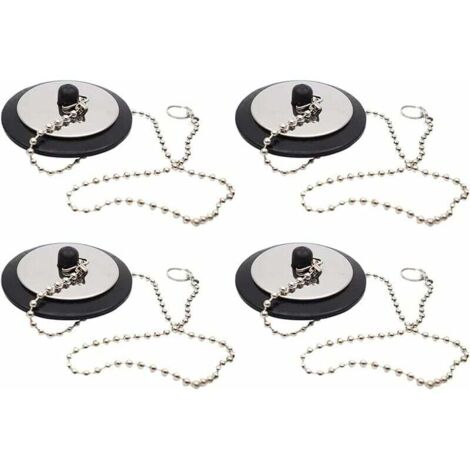 Tapón de desagüe con cadena, tapa de desagüe de goma, accesorio para lavabo de baño con cadena, 4 tapones de desagüe de goma con cadena, para lavabos, bañeras, duchas, baños y cocinas (negro)
