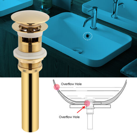 Tapón de desagüe emergente de latón macizo Ej.Life para fregadero de cocina y baño con orificio de desbordamiento dorado