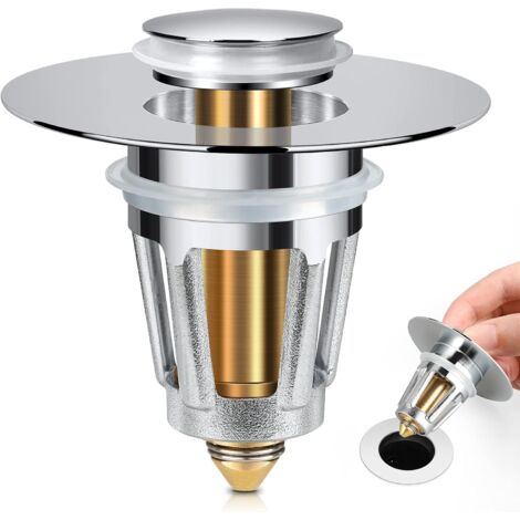 Tapón de fregadero universal para desagües de 1,1 a 1,5 pulgadas, tipo pulsador, con filtro pulsador, convertidor a bañera, sin rebosadero, con cesta recogedora de pelos