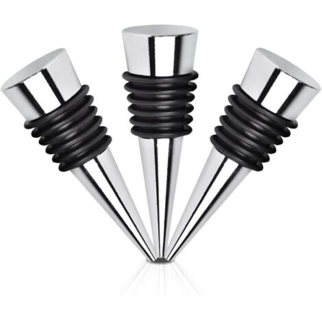 Tapones de vino reutilizables de metal plateado – Juego de 3 para botellas de vino tinto, champán y cerveza.