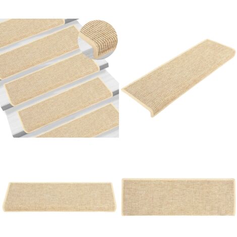 Tappetini per scale 15 pz 65x21x4 cm Beige chiaro Bordo rettangolare - Tappetini antiscivolo - Tappetini per scale in fibra di agave