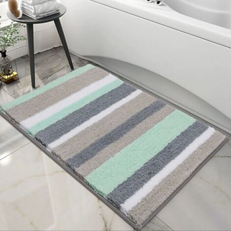 Tappetino da bagno antiscivolo KZQ, in morbida microfibra a righe, assorbente, a pelo lungo, lavabile in lavatrice - 40 x 60 cm - Verde/Grigio
