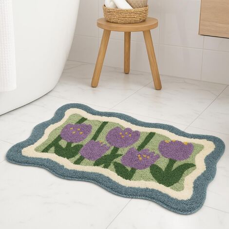 Tappetino da bagno con tulipani viola, grazioso tappetino da doccia morbido e assorbente con motivo floreale, antiscivolo
