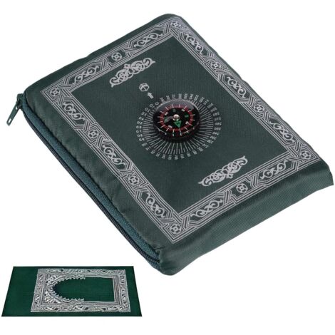 Tappetino da preghiera musulmano portatile con bussola - Formato tascabile, colore verde - Borsa per il trasporto inclusa - 60 x 100 cm