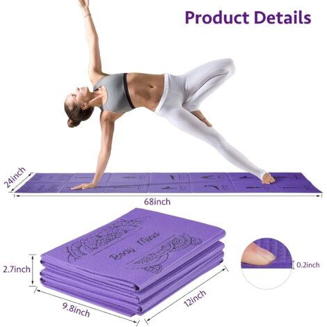 Tappetino yoga pieghevole per donna, tappetino antiscivolo per esercizi, adatto per casa e palestra, inclusa borsa per riporlo, adatto per yoga, pilates e fitness, 173 x 61 cm x 5 mm di spessore, viol