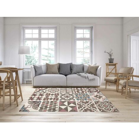 Tappeto Arredo Moderno Morbido in Ciniglia Ingresso Antiscivolo Prodotto Italiano Soggiorno Camera Salotto Disegni Piazzati Cotone Varie Misure Grande Maioliche Grigio - 65x115 cm