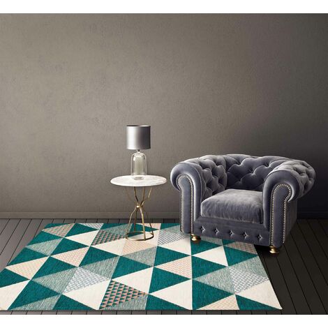 Tappeto Arredo Moderno Morbido in Ciniglia Ingresso Antiscivolo Prodotto Italiano  Soggiorno Camera Salotto Disegni Piazzati Cotone Varie Misure Grande Triangoli Petrolio - 80x150Cm