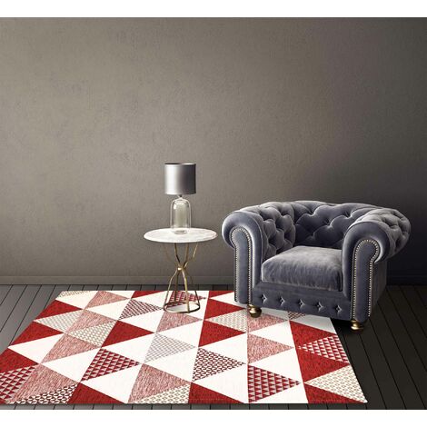 Tappeto Arredo Moderno Morbido in Ciniglia Ingresso Antiscivolo Prodotto Italiano  Soggiorno Camera Salotto Disegni Piazzati Cotone Varie Misure Grande Triangoli Rosso - 65x115Cm