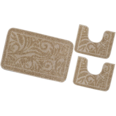 Tappeto Bagno Damascato Parure Set 3 Pezzi Morbido Soffice Assorbente Antiscivolo Lavabile - Beige
