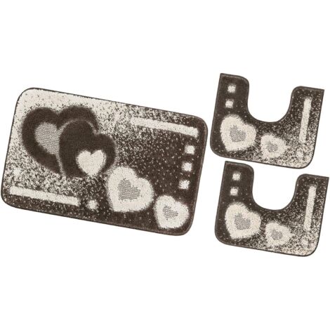 Tappeto Bagno Set 3 Pezzi Cuori Morbido Soffice Antiscivolo Assorbente Doccia 100% Made In Italy - Marrone