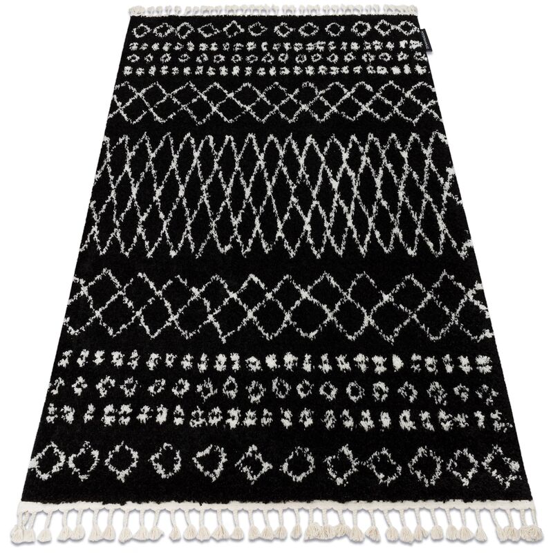 Image of Tappeto berber ethnic G3802 nero / bianco Frange berbero marocchino shaggy black 200x290 cm